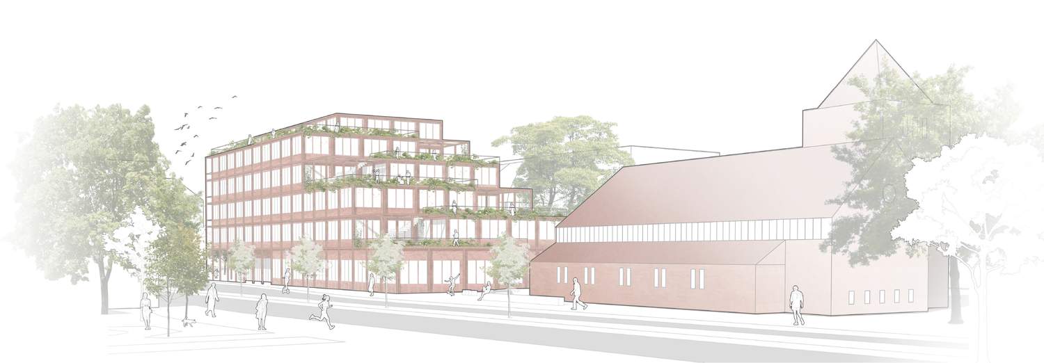 Der Siegerentwurf des Architektenbüros „puppendahl architekten gmbh“ sieht ein sechsstöckiges Gebäude vor, das passend zur Erlösergemeinde aus rotem Backstein bestehen wird und sich städtebaulich bestmöglich integriert. Der Bildungs- und Begegnungscampus wird zur Seite der Kirche stufenförmig errichtet – der jeweilige Vorsprung wird auf jeder Etage als begehbare Grünterrasse angelegt.