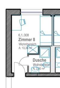 Grundriss Zimmer für Auszubildende. Neben Eingangstür rechts das Bad, Gegenüber Eingang Fenster